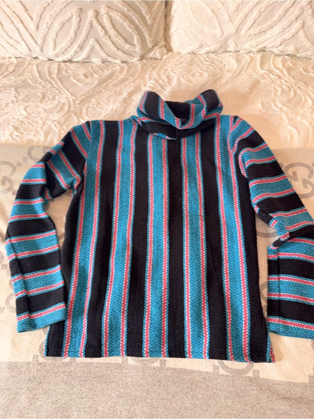 Baja Drug Rug Black Pullover with Blue, White and Pink Stripes - Picture 8 of 9